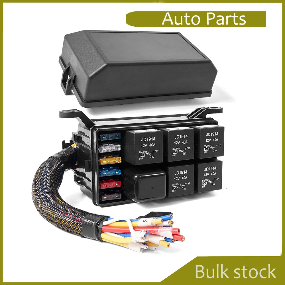 12 Volt Fuse Relay Block With 5Pack 5Pin JD1914 Relays 4pin RTT7121 Relay Slots 6 ATC/ATO Fuse Holders Relay Box With Harness Automotive fuse Block With Pre-Wired Fuse Box 12V Relay Kit Fuse Block